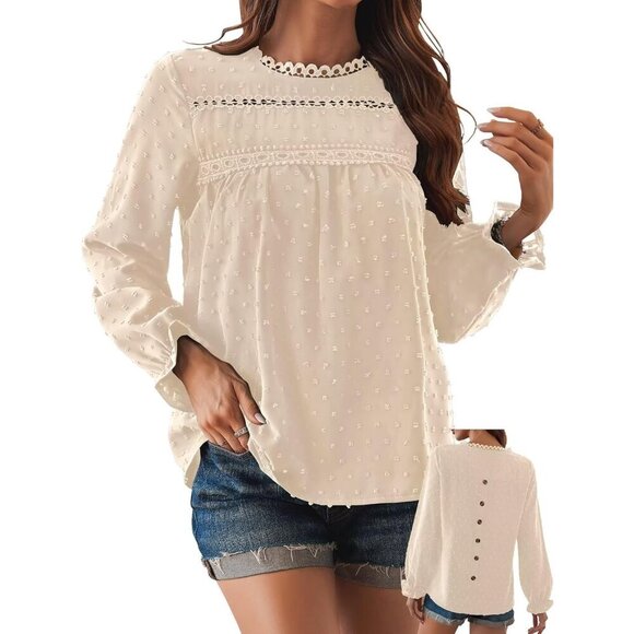 Tops - Womens Boho Long Sleeve Shirt Polyester Casual Ruffle Crochet Swiss Dot Top
